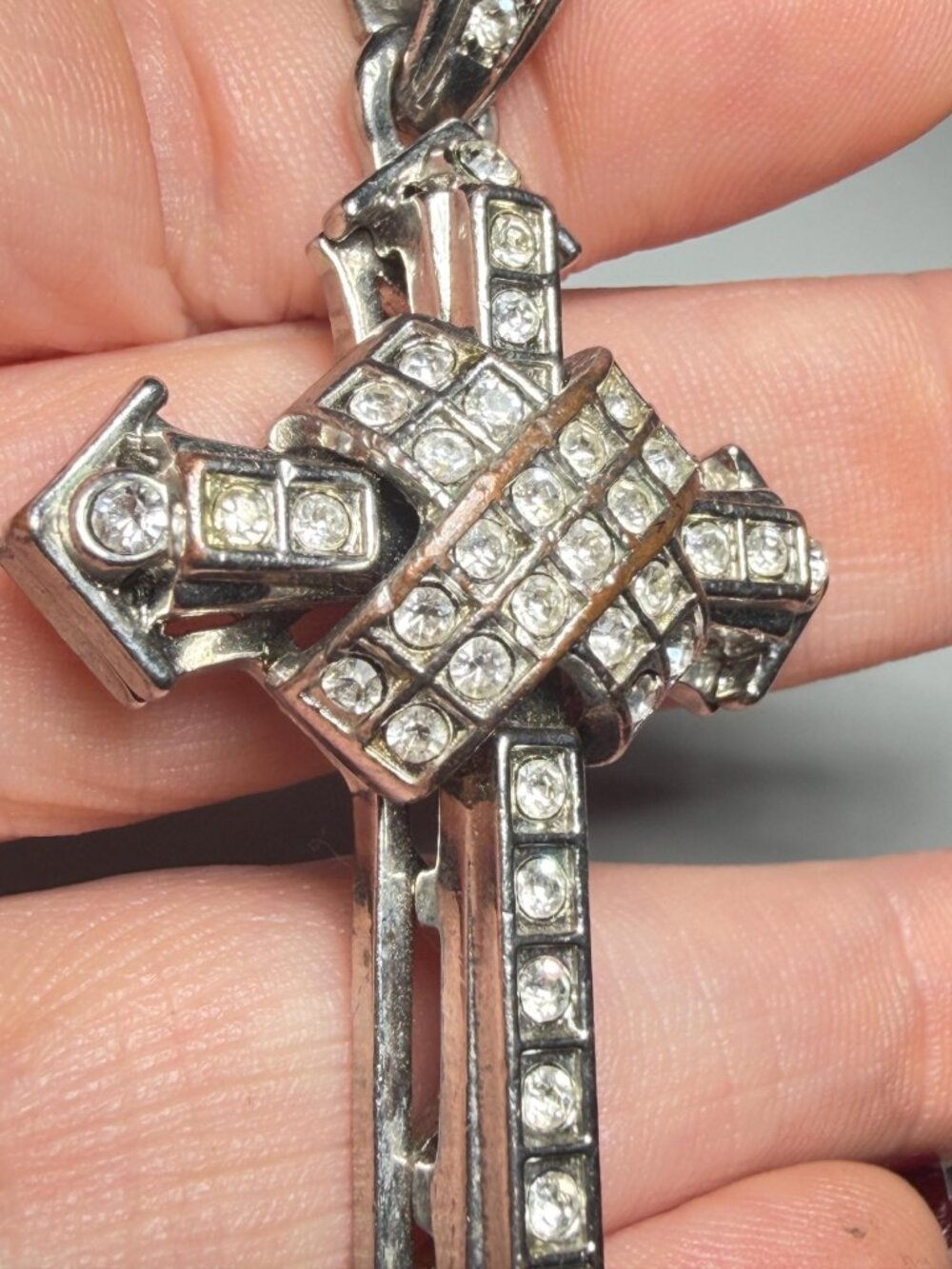 3D Rhinestone Cross Pendant Silver Tone Large Statement Religious Charm 3 inches - Picture 8 of 9